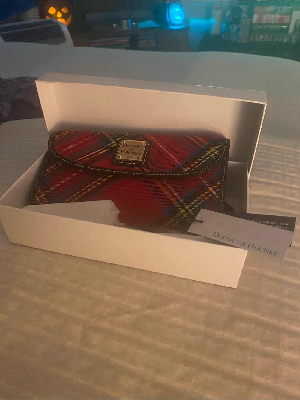 Dooney & Bourke Red Plaid Leather Card Holder with Gold Logo Plate